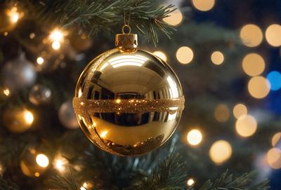 The primary subject of the image is a gold Christmas ornament hanging from a Christmas tree. The ornament is shiny and reflective, adding a festive touch to the scene. The setting is a room with a Christmas tree, and the visual style appears to be a photo of the ornament. The colors and mood of the image are warm and celebratory, with the gold ornament being the focal point of the scene.